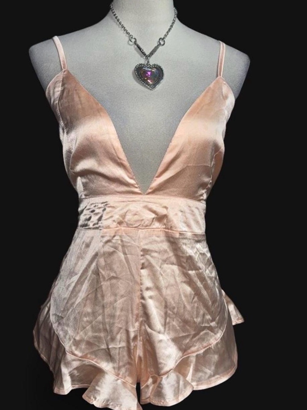Peach Satin Deep V Romper